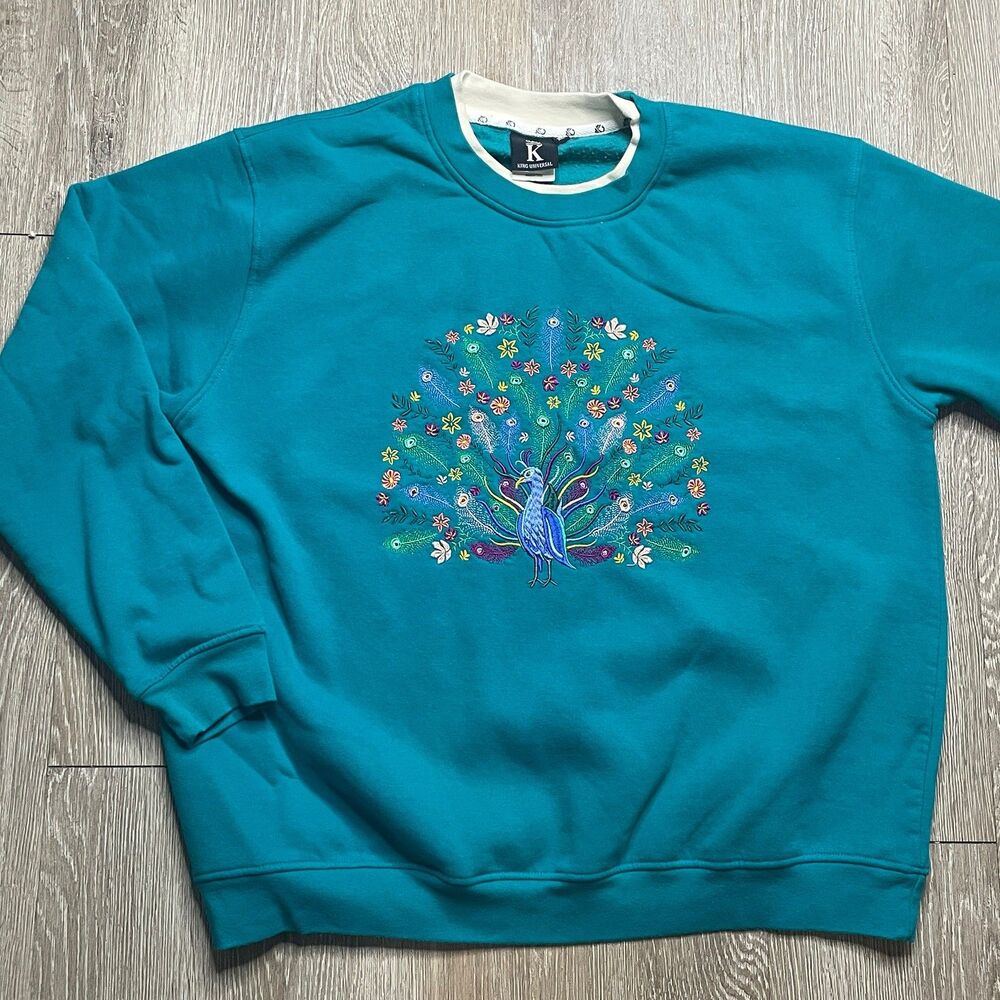Floral Peacock Embroidered Sweatshirt Womens XL Turquoise Graphic Pullover